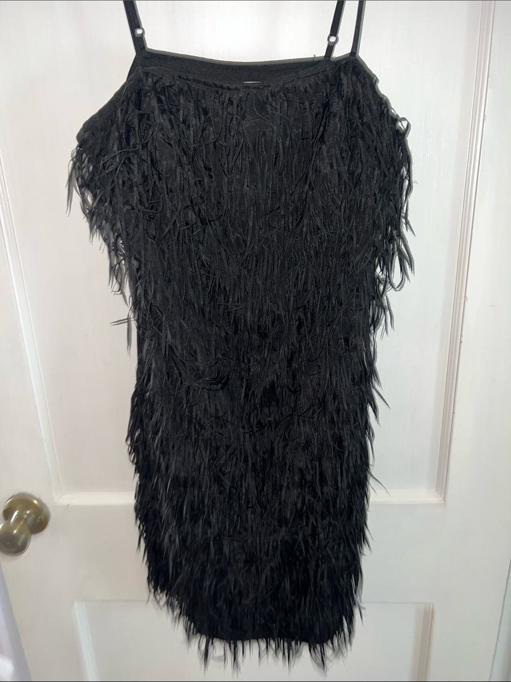 Ya Los Angeles Black Fringe Spaghetti- Strap Slip Mini Dress Sz L